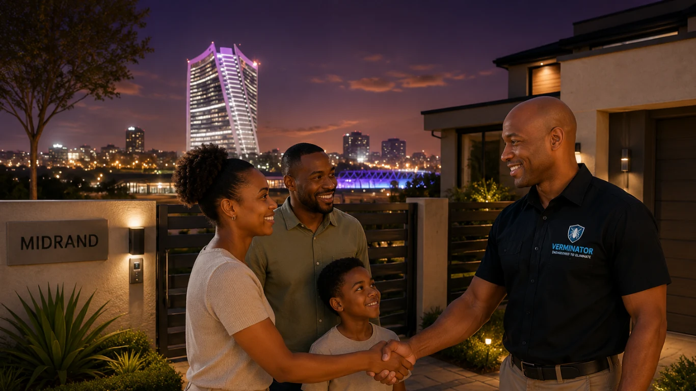 Verminator pest control technician with a happy family at home — Midrand, the Johannesburg–Pretoria corridor, and Gauteng surrounds