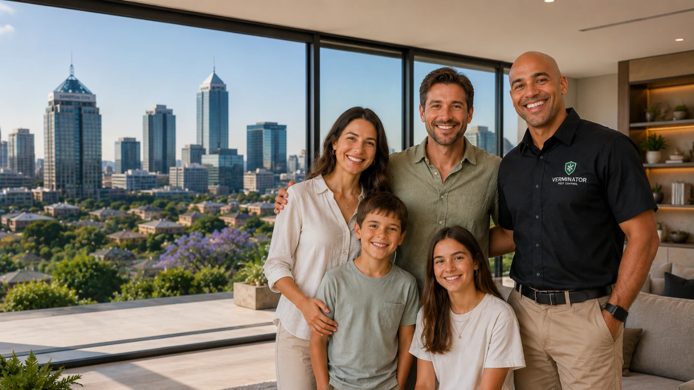 Verminator pest control technician with a happy family at home — Sandton, Johannesburg, and Gauteng surrounds